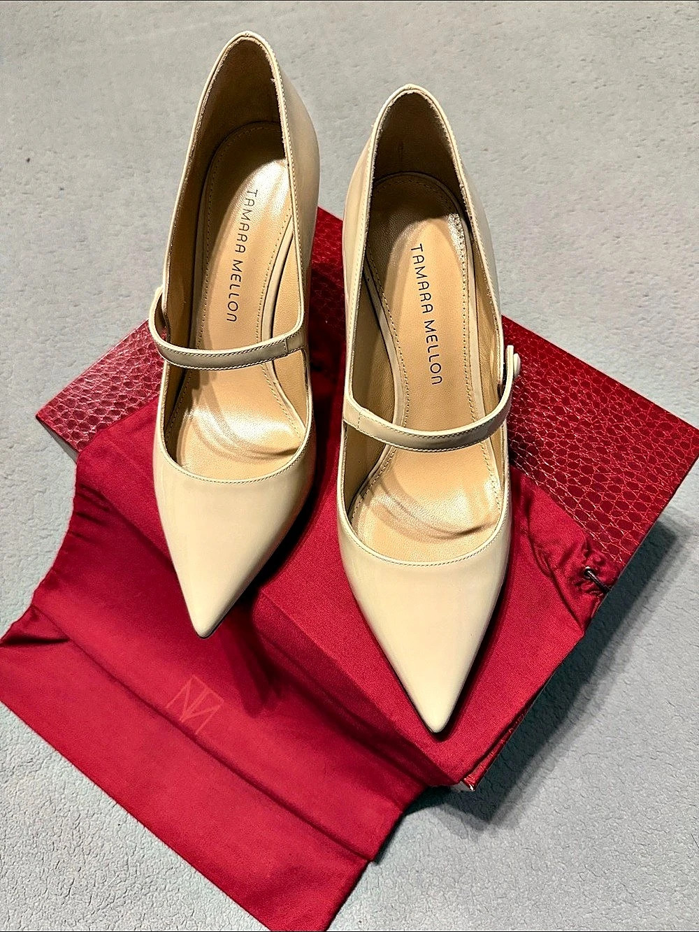 Tamara Mellon Phaedra Pointed Toe Mary Jane Heels Beige EU 39